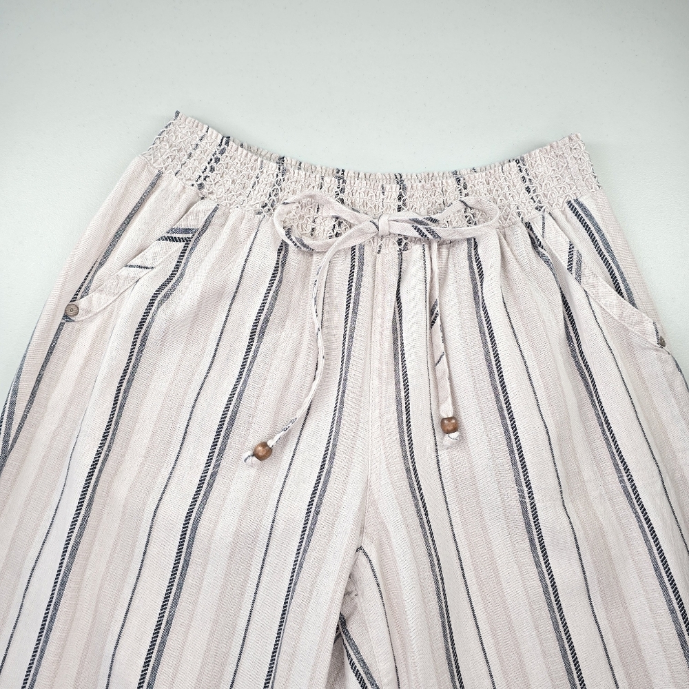 Beau Dawson Linen Blend Striped Smocked Waist Wide Leg Pants Beige/Black Size L - Picture 3 of 6